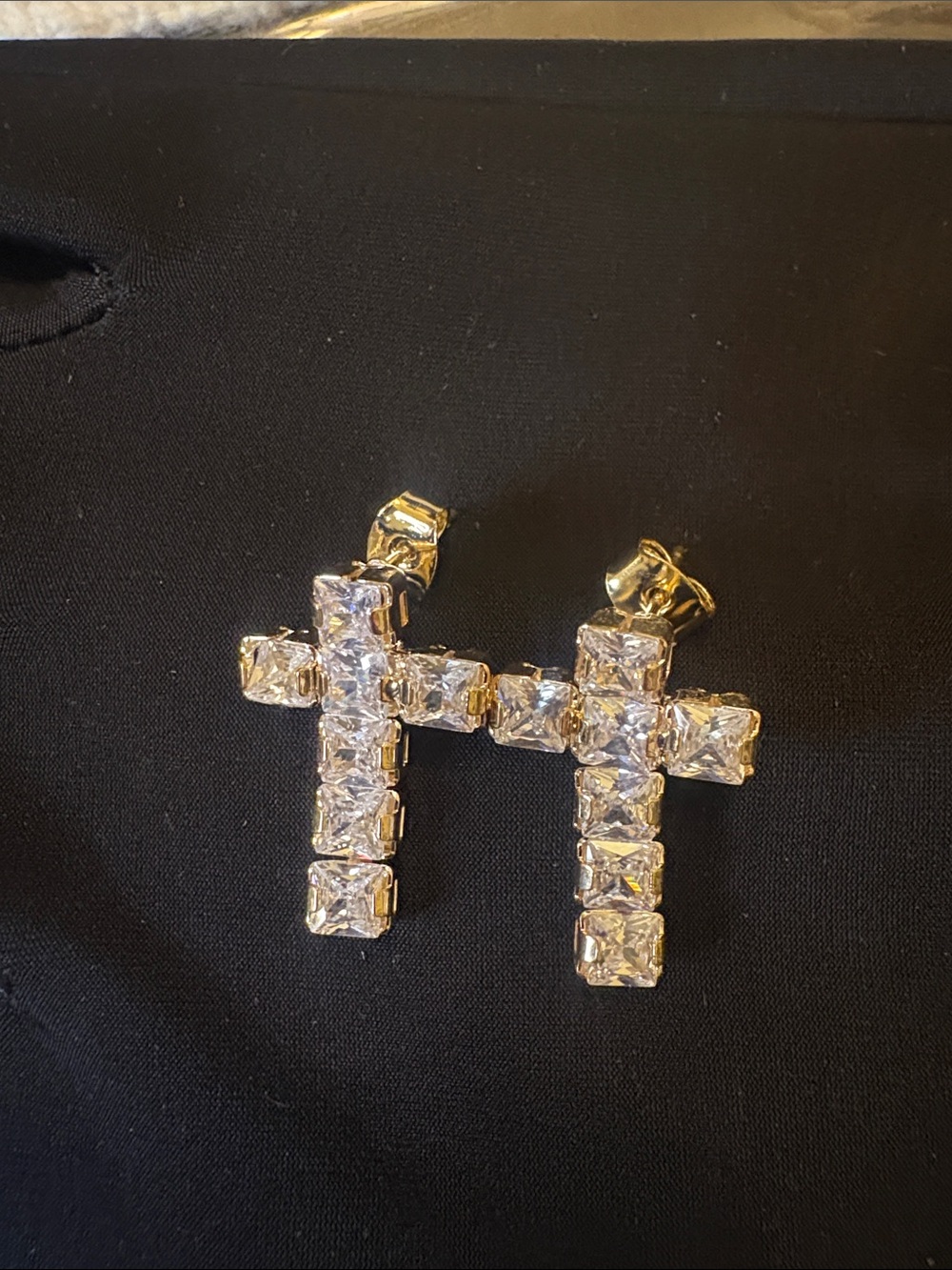 Gold Cross Stud Earrings with Clear Square Stones - Classic Sparkle